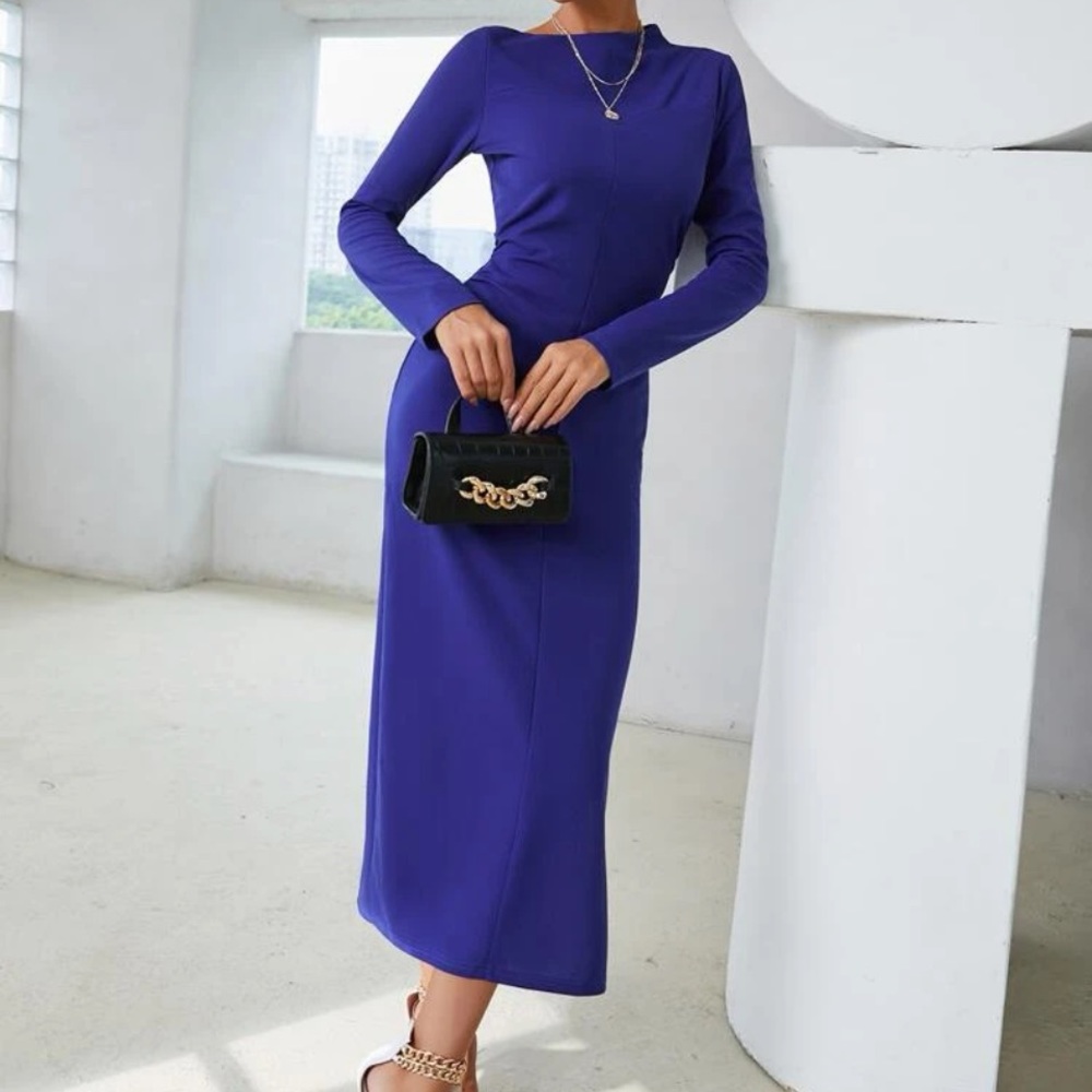 Solid split thigh fitted dress w/ side ruching & long sleeves
